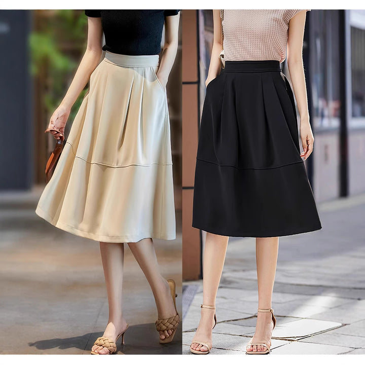 Damen Eleganter Midirock mit Falten und hohem Bund Drune