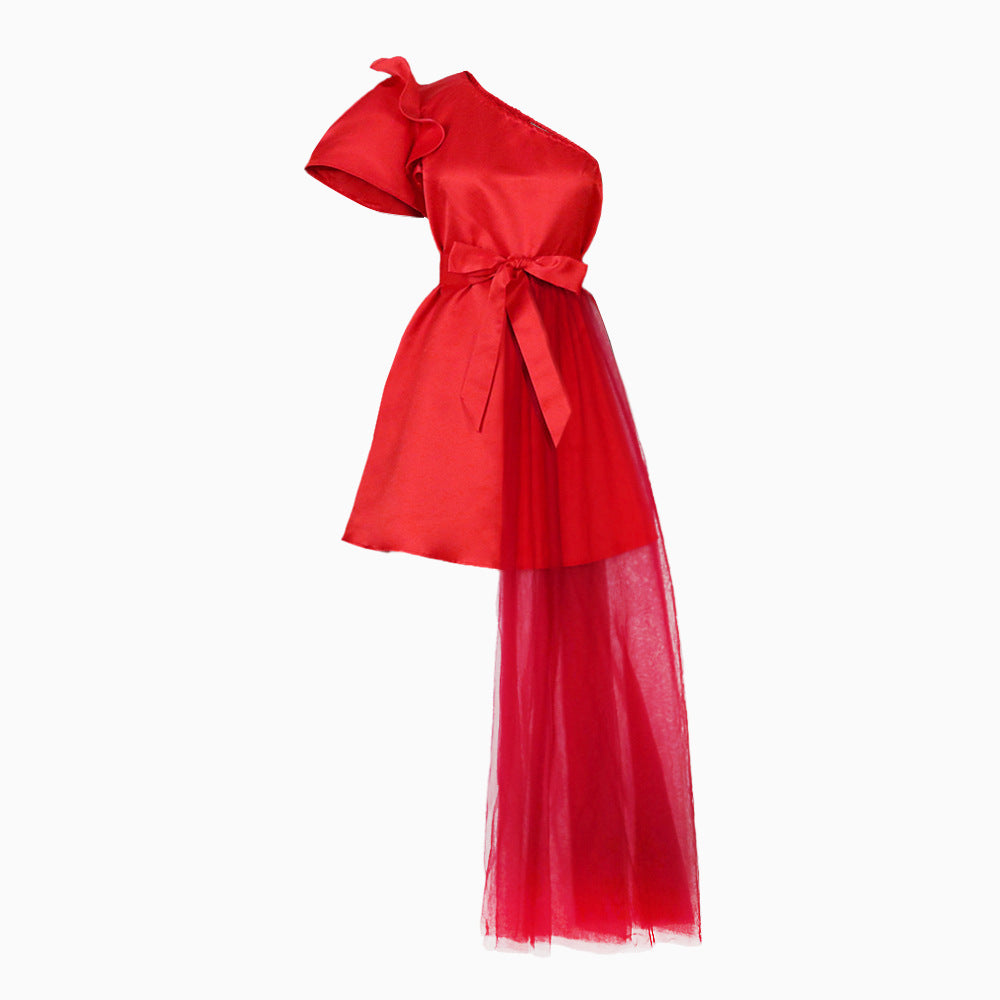 Damen asymmetrisches Cocktailkleid mit Volant und Taillenschnürung Drune