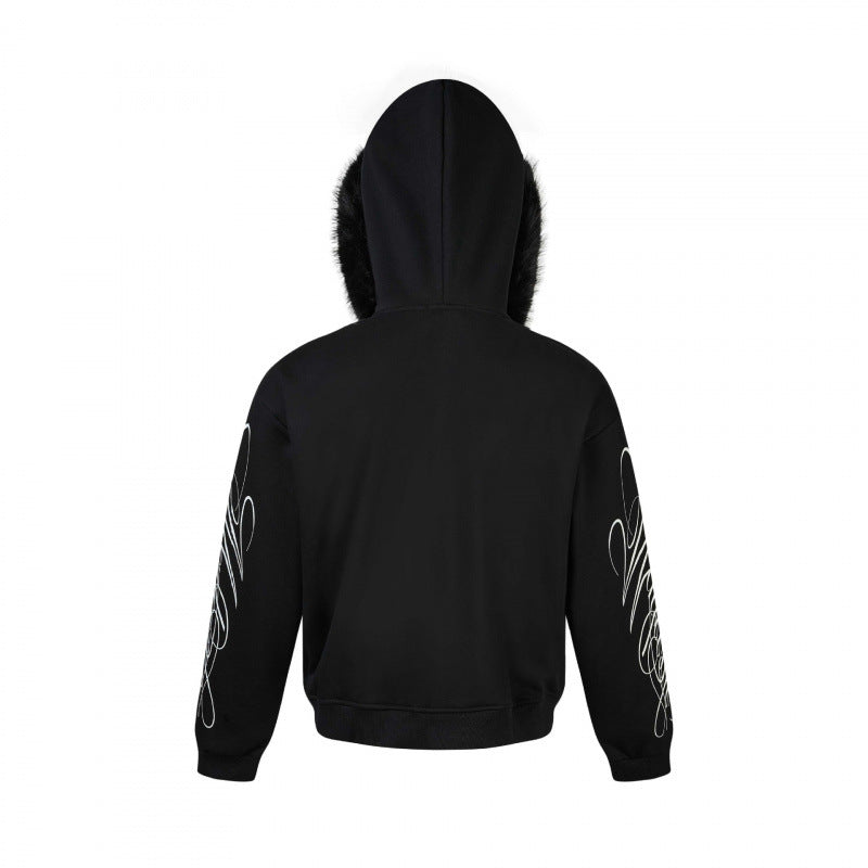 Unisex Oversize-Kapuzenjacke mit Kunstfellbesatz, Reißverschluss und Grafikärmeln Drune