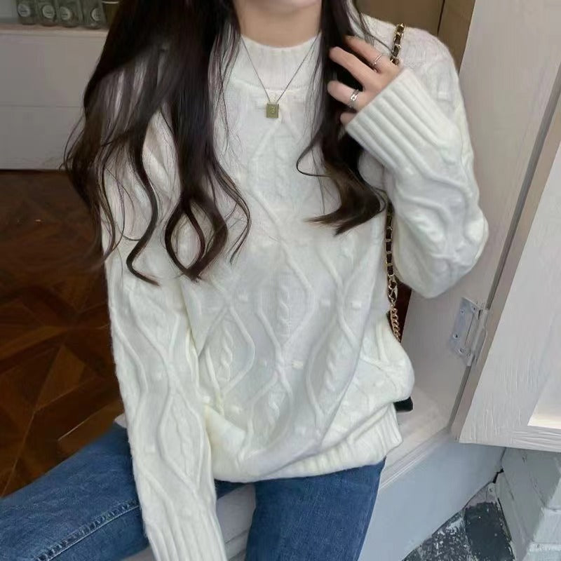 Damen gemütlicher Grobstrickpullover mit Zopfmuster und hohen Bündchen Drune