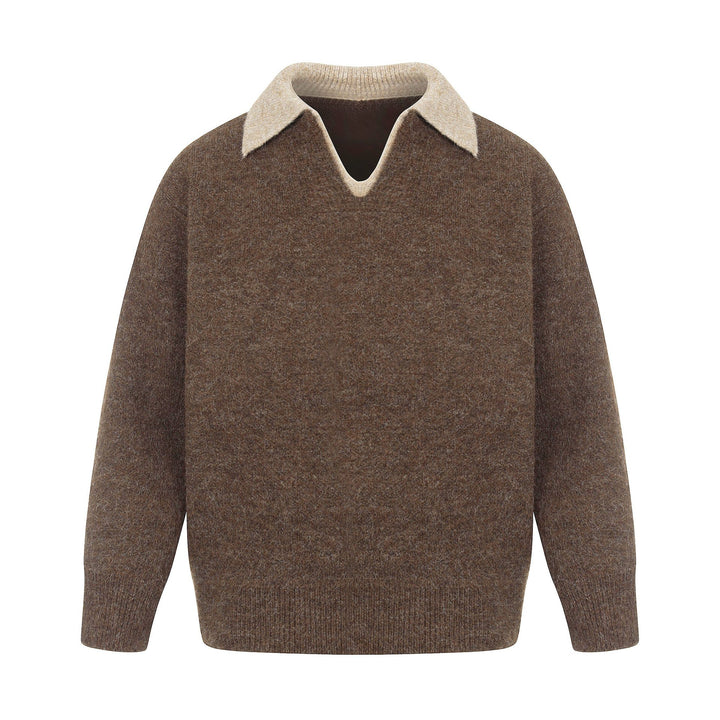 Damen Oversize Wollmix-Pullover mit kontrastpolokragen und V‑Ausschnitt Drune