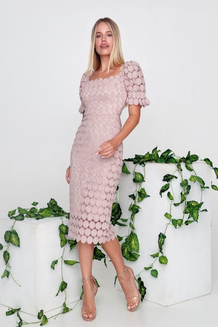 Damen Figurbetontes Spitzenkleid mit schulterfreiem Design und voluminösen Puffärmeln Drune