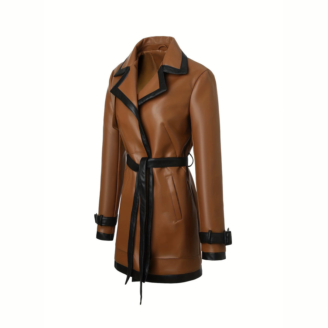 Damen Modischer Kunstleder Trenchcoat Drune