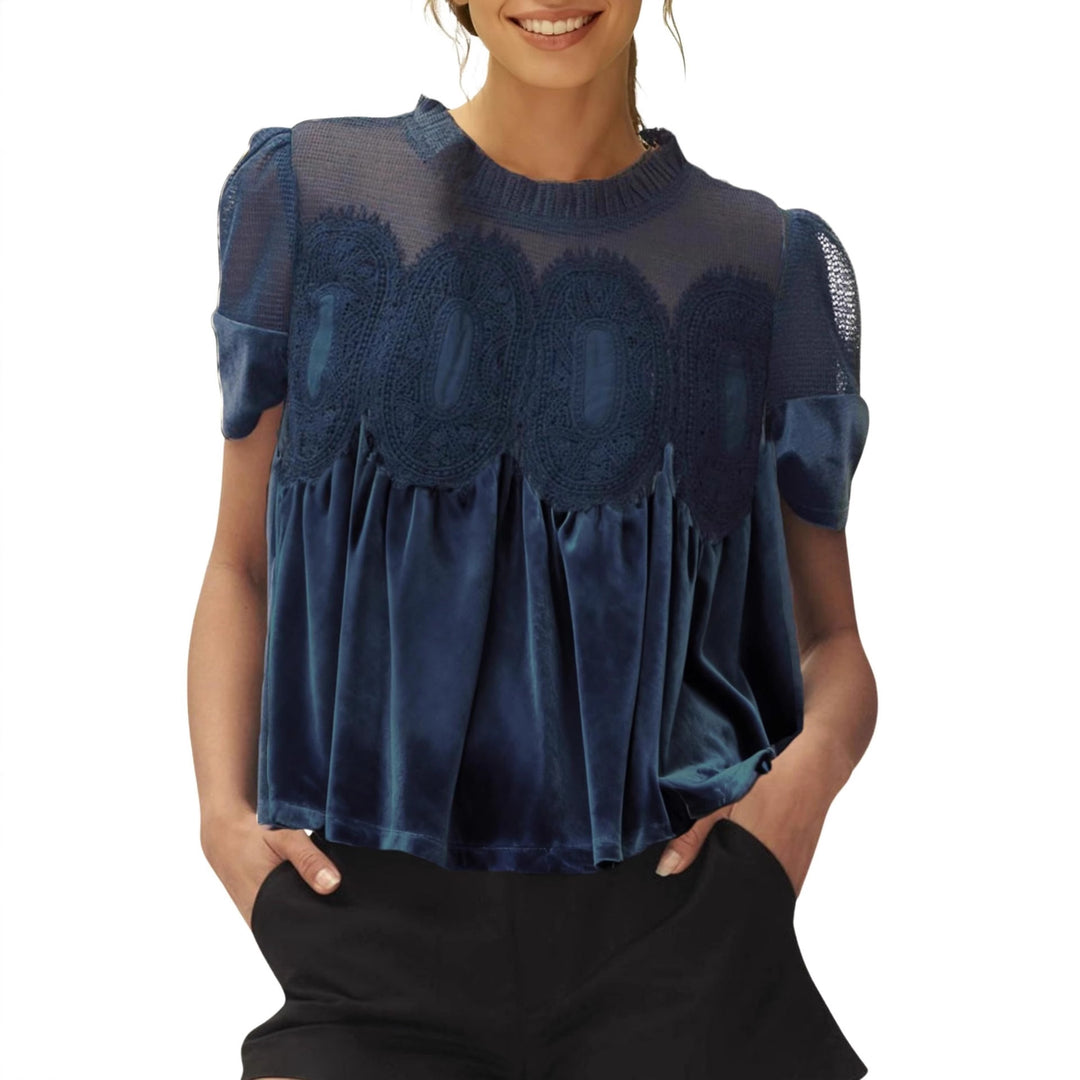 Damen Samtbluse mit Spitzenbesatz, transparentem Einsatz und geraffter A-Linie Drune