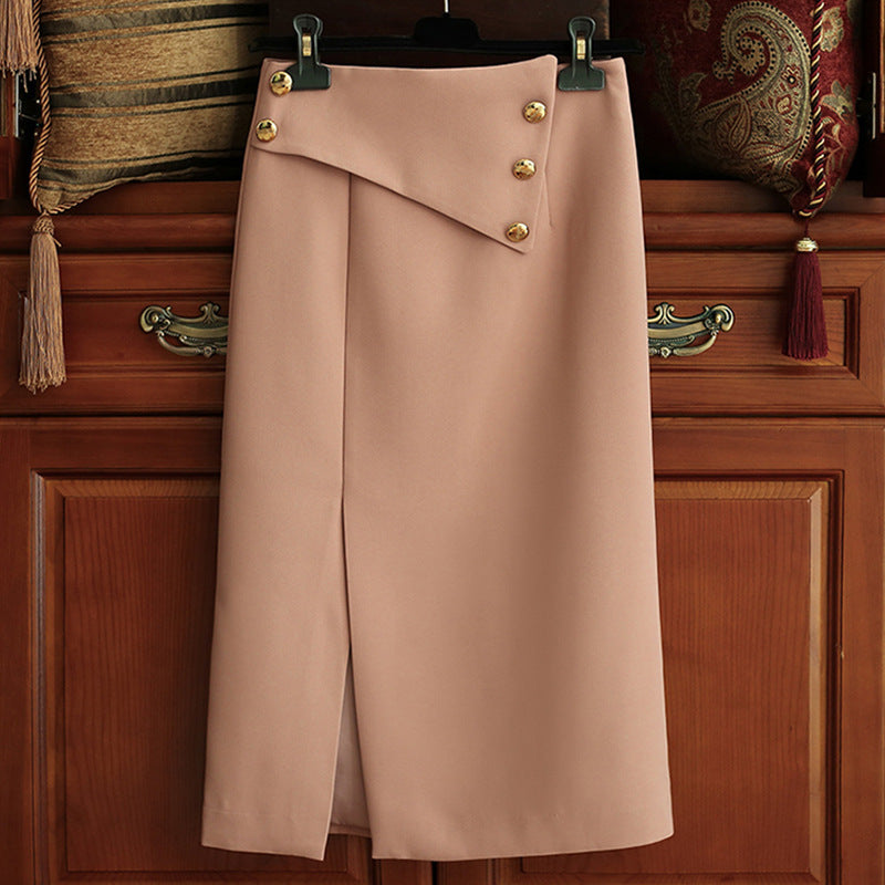 Damen Eleganter Midirock mit asymmetrischem Schnitt und Goldknöpfen Drune