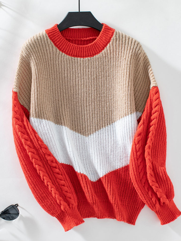 Damen Strickpullover mit modernen Farbblocklinien und Zopfmuster Drune