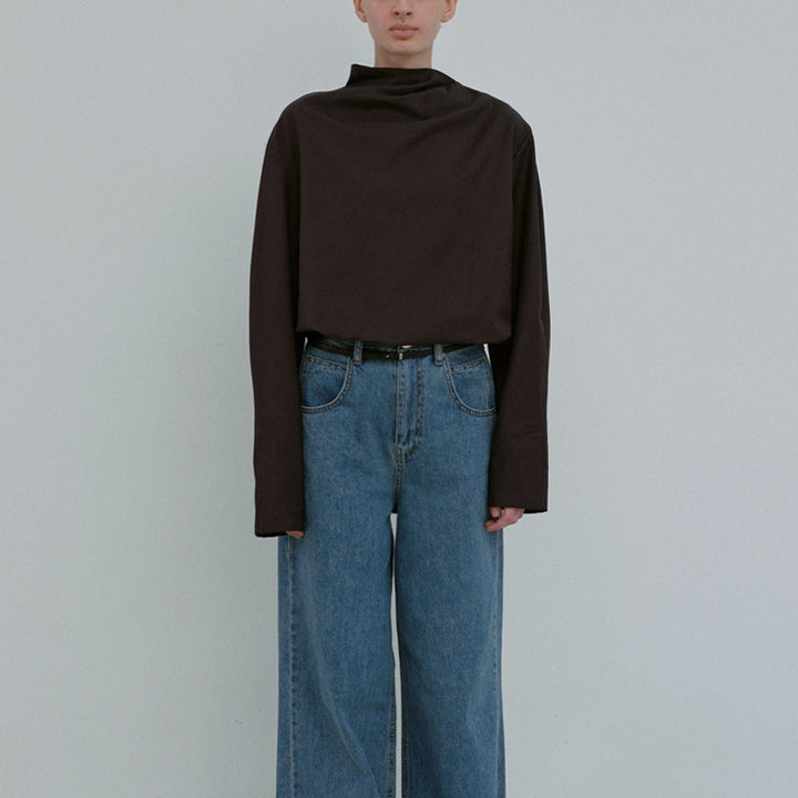 Damen Elegantes Oberteil mit asymmetrischem Kragen und langen Ärmeln Drune