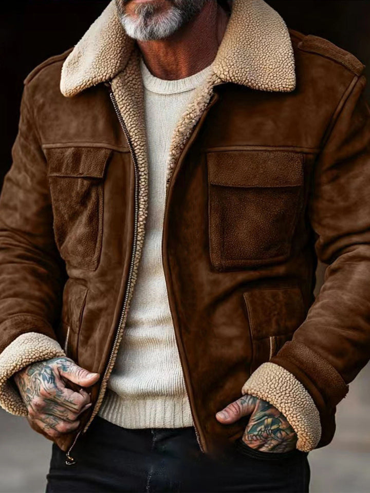 Herren nan Aviator-Lederjacke mit Lammfellimitat-Futter, aufgesetzten Brusttaschen und Reißverschluss Drune