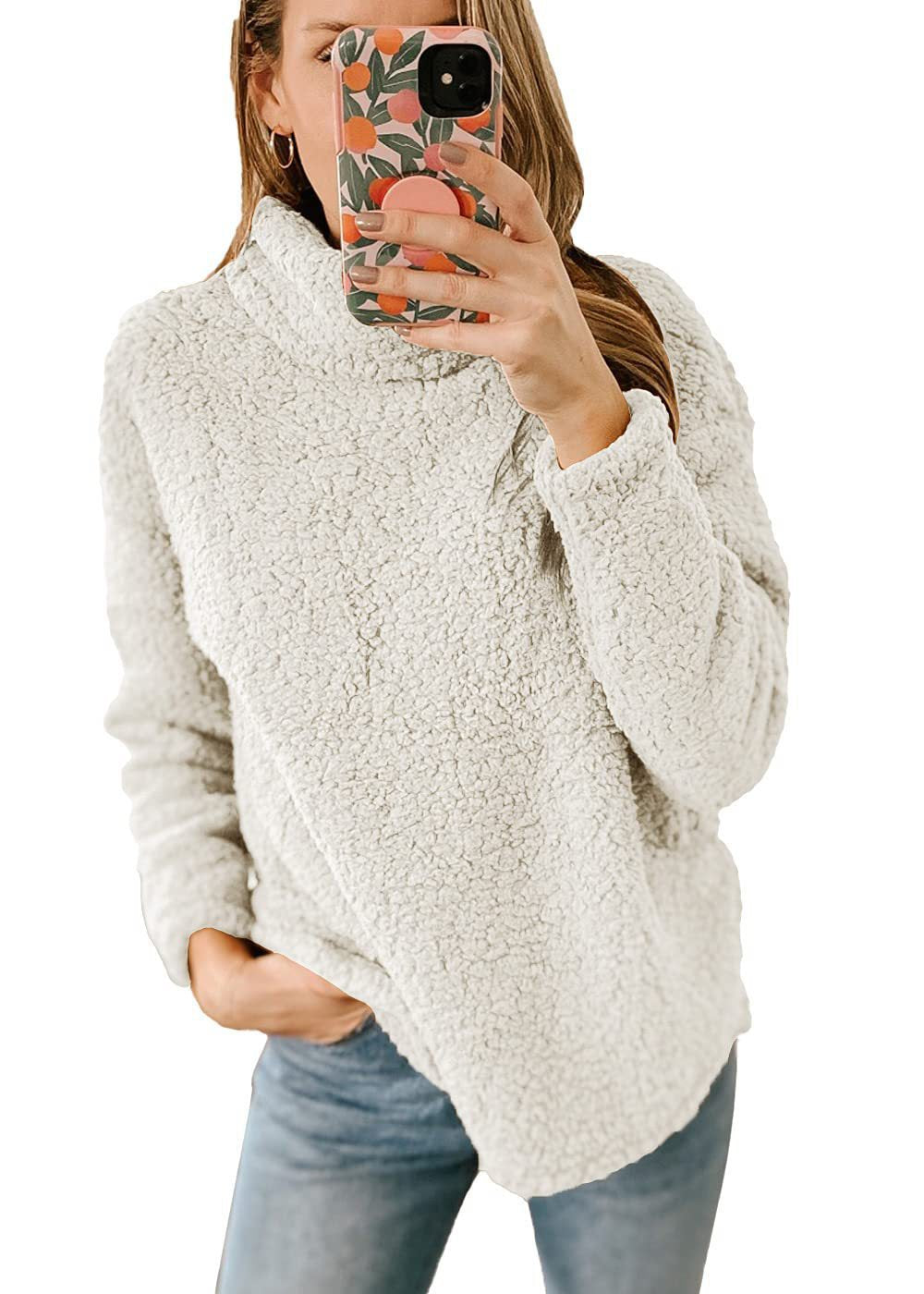Damen Kuscheliger Sweatshirt-Pullover mit hohem Kragen und strukturiertem Fleece Drune