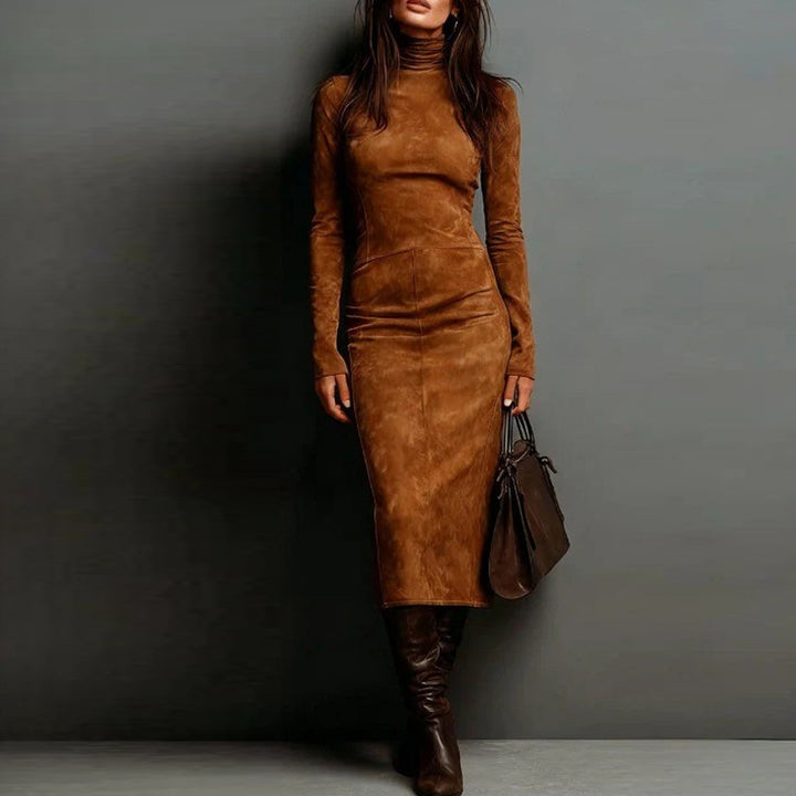 Damen Tailliertes Midi Kleid im Samt-Look mit Rollkragen und maßgeschneiderter Silhouette Drune