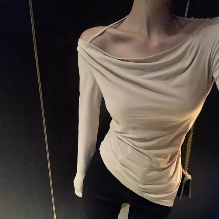 Damen schulterfreies Cowl-Longsleeve mit feinen Spaghettiträgern und sculptender Taillenpassform Drune