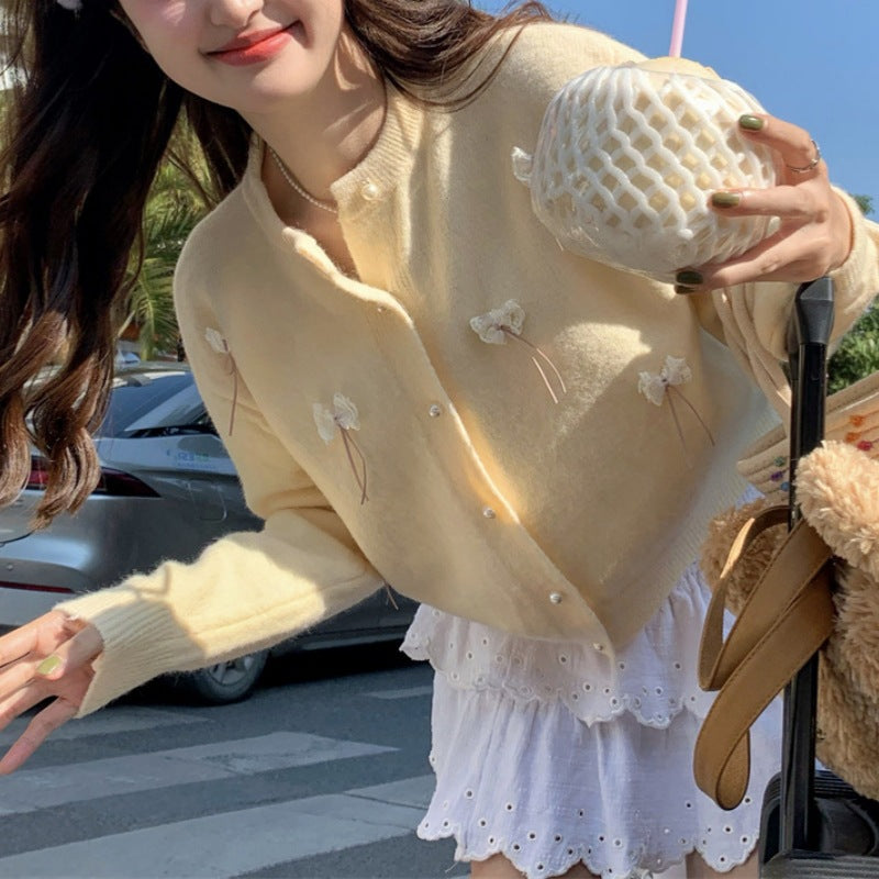 Damen Kawaii Strickjacke mit dekorativen Schleifen und Perlen Drune