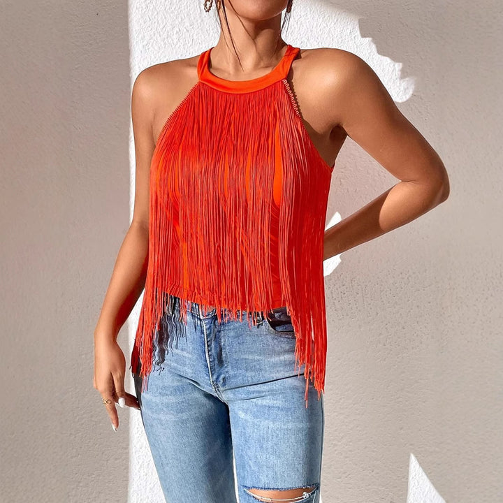Damen Top mit Fransen und Halterneck-Design Drune