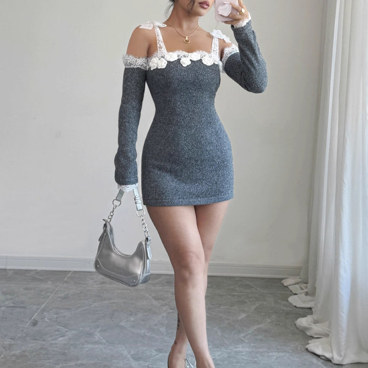 Damen Sexy Strickkleid mit floralen Spitzenakzenten Drune