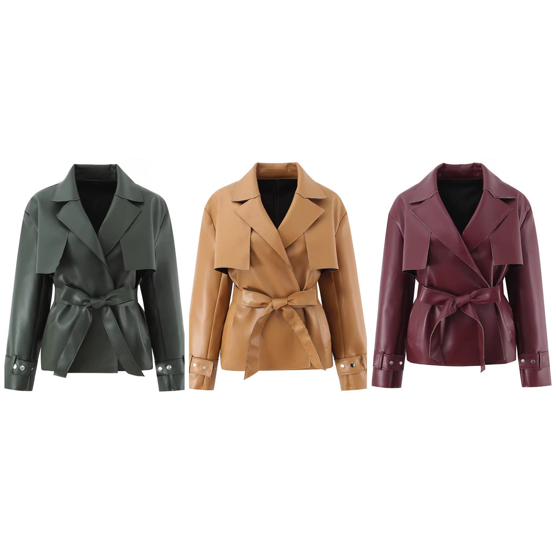 Damen Kurz geschnittener Kunstleder-Trenchcoat mit Taillengürtel Drune