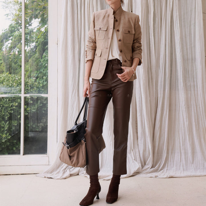 Damen Elegante Leinenjacke mit Taillengürtel Drune