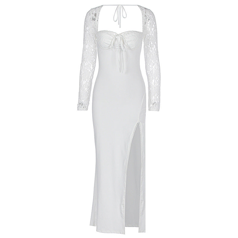 Damen Elegante Maxikleid mit transparenter Spitzenoberfläche und seitlichem Schlitz Drune