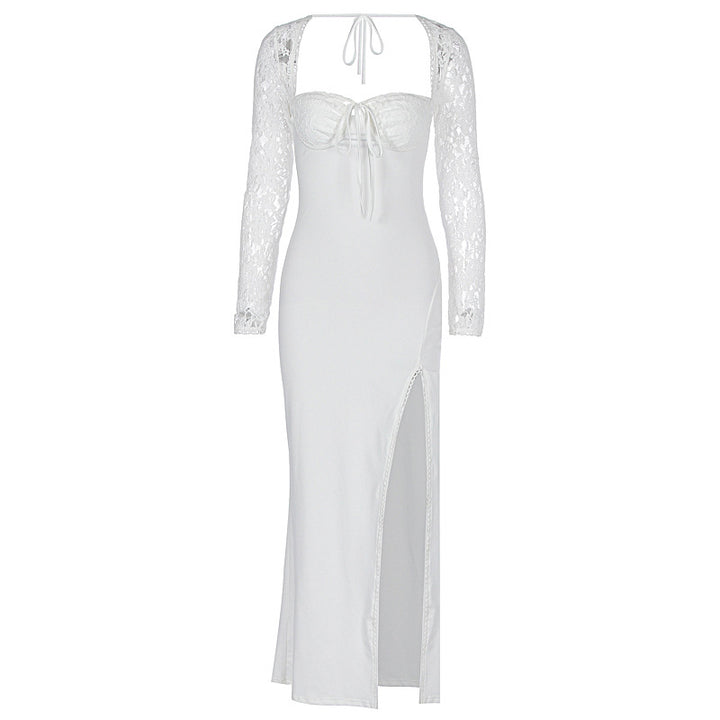 Damen Elegante Maxikleid mit transparenter Spitzenoberfläche und seitlichem Schlitz Drune