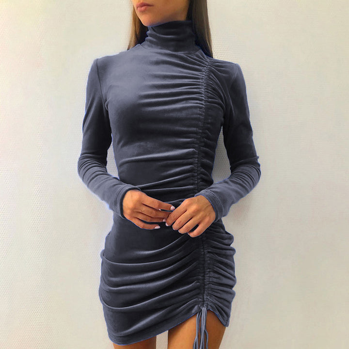 Damen Partykleid mit hochgeschlossenem Kragen und Raffungen Drune