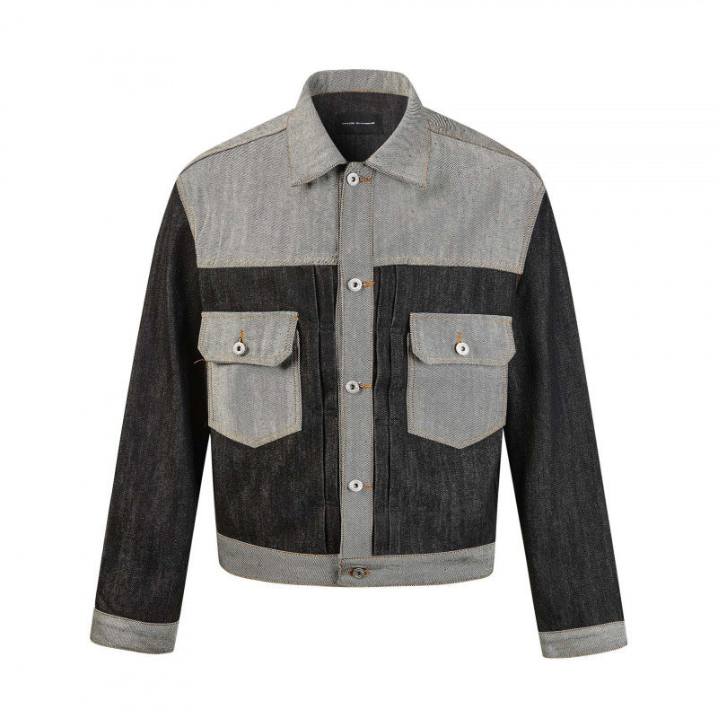 Herren Kurz geschnittene Patchwork-Denimjacke mit aufgesetzten Pattentaschen und konstruktiver Nahtführung Drune