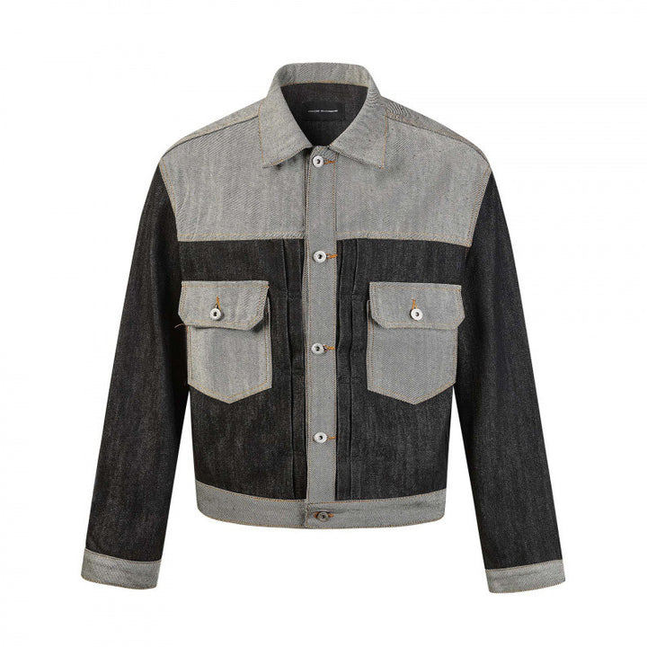 Herren Kurz geschnittene Patchwork-Denimjacke mit aufgesetzten Pattentaschen und konstruktiver Nahtführung Drune