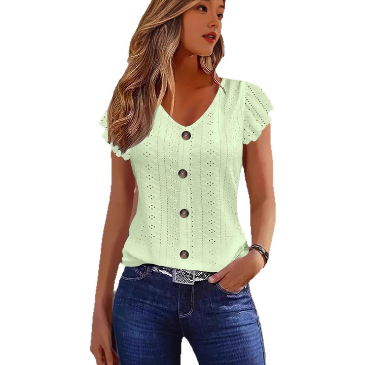 Damen elegante Bluse mit Spitzenmuster und Knopfverzierung Drune