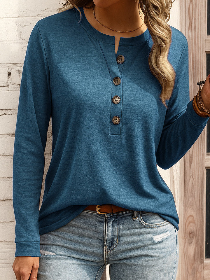 Damen Langarm-Henleyshirt mit Knopfleiste und Notch-Ausschnitt Drune