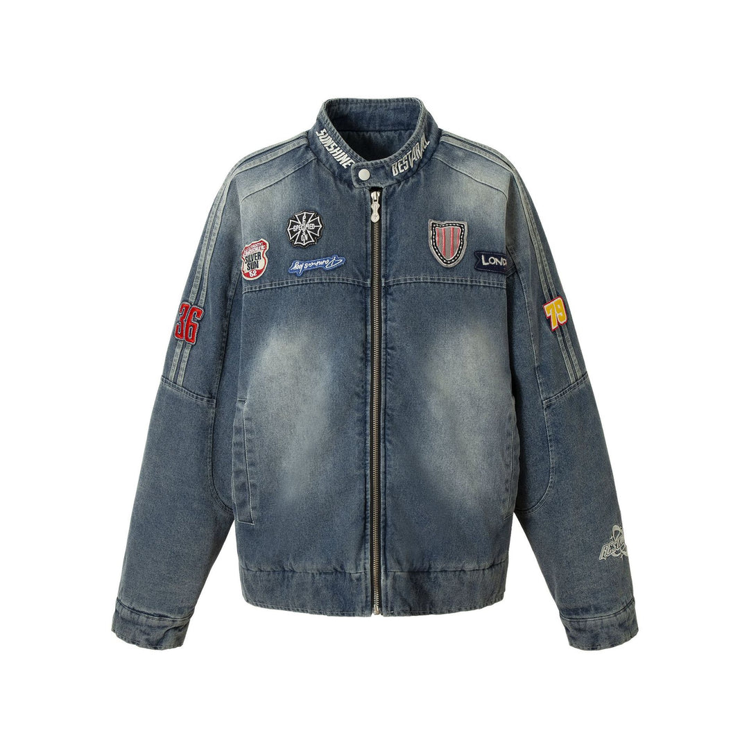 Herren Jeans‑Bomberjacke mit Vintage-Wash, Aufnäherdetail und Stehkragen Drune