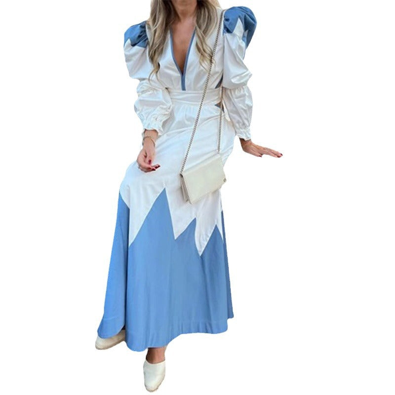 Damen Maxikleid mit ballettartigen Puffärmeln und V-Ausschnitt Drune