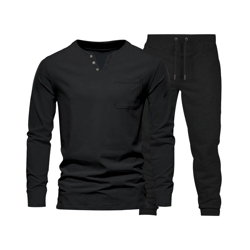 Herren Langarm‑Henley Loungewear‑Set mit Brusttasche und tapered Jogginghose Drune