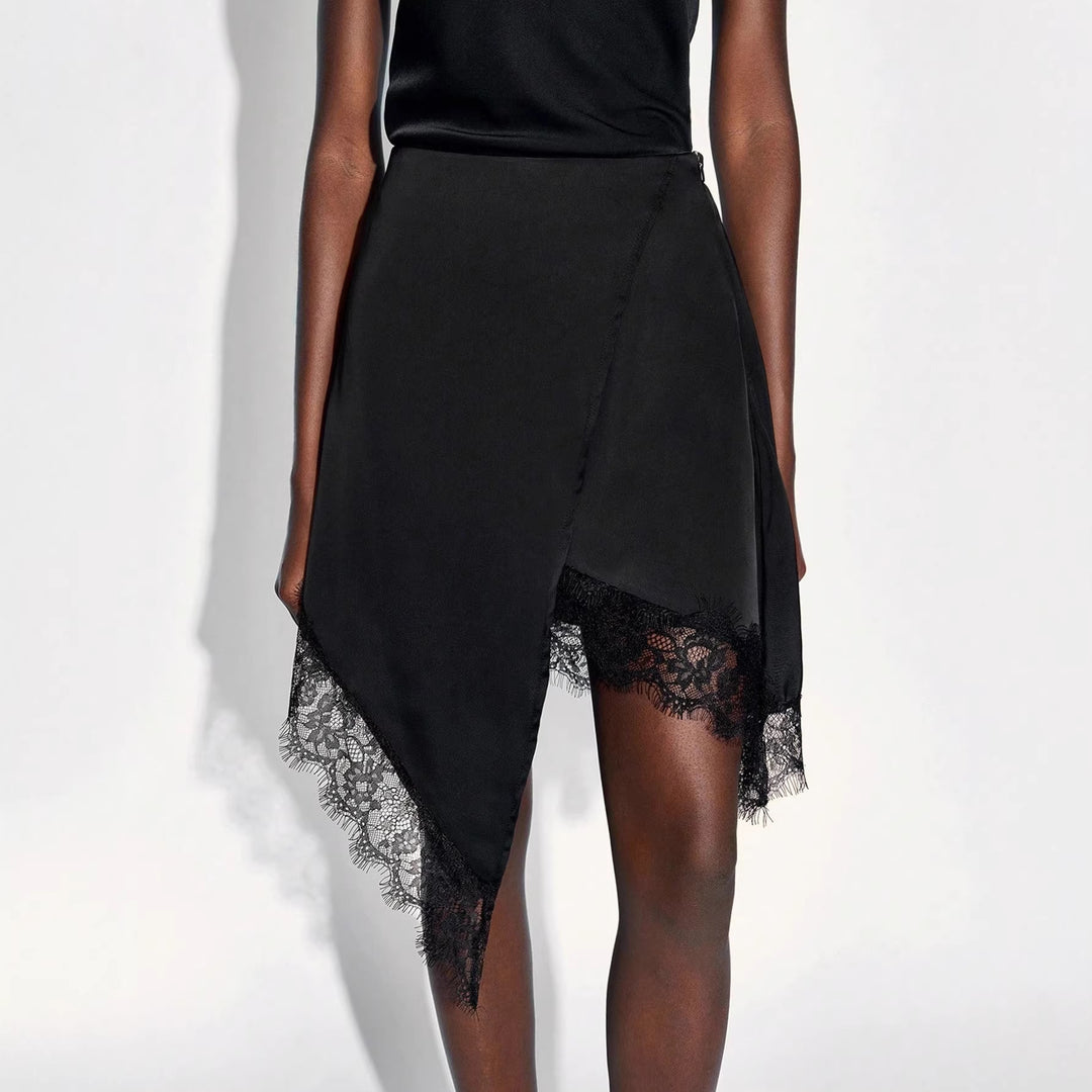 Damen nan asymmetrischer Wickelrock mit Spitzenbesatz und satinähnlichem Fall Drune
