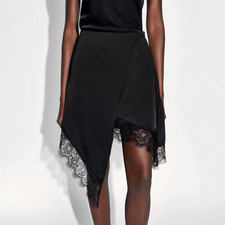 Damen nan asymmetrischer Wickelrock mit Spitzenbesatz und satinähnlichem Fall Drune