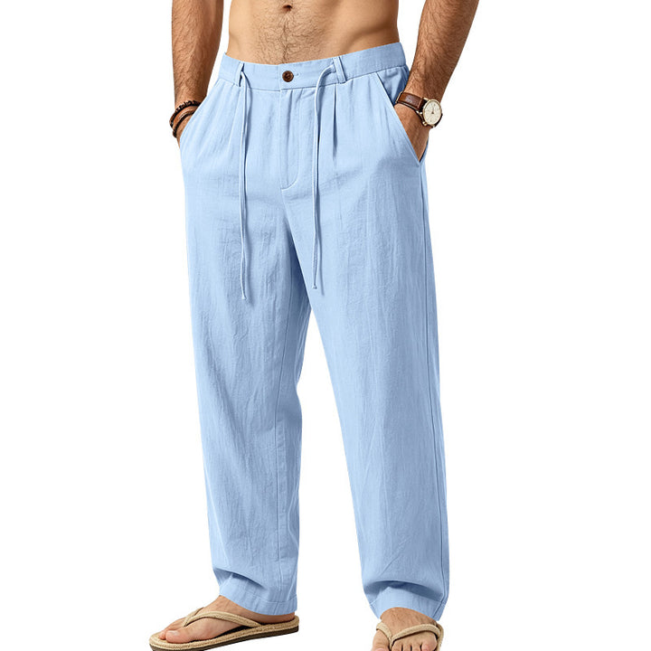 Herren Leichte Leinenhose mit Bundfalten und Kordelzug Drune