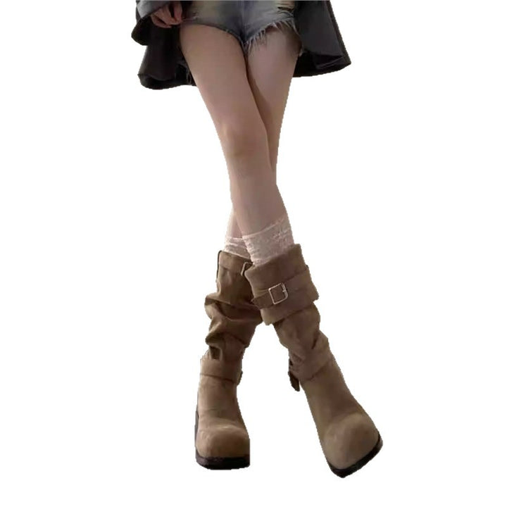 Damen halbhohe Slouch-Stiefel aus Velourslederoptik mit verstellbaren Ziergurten und mittelhohem Blockabsatz Drune