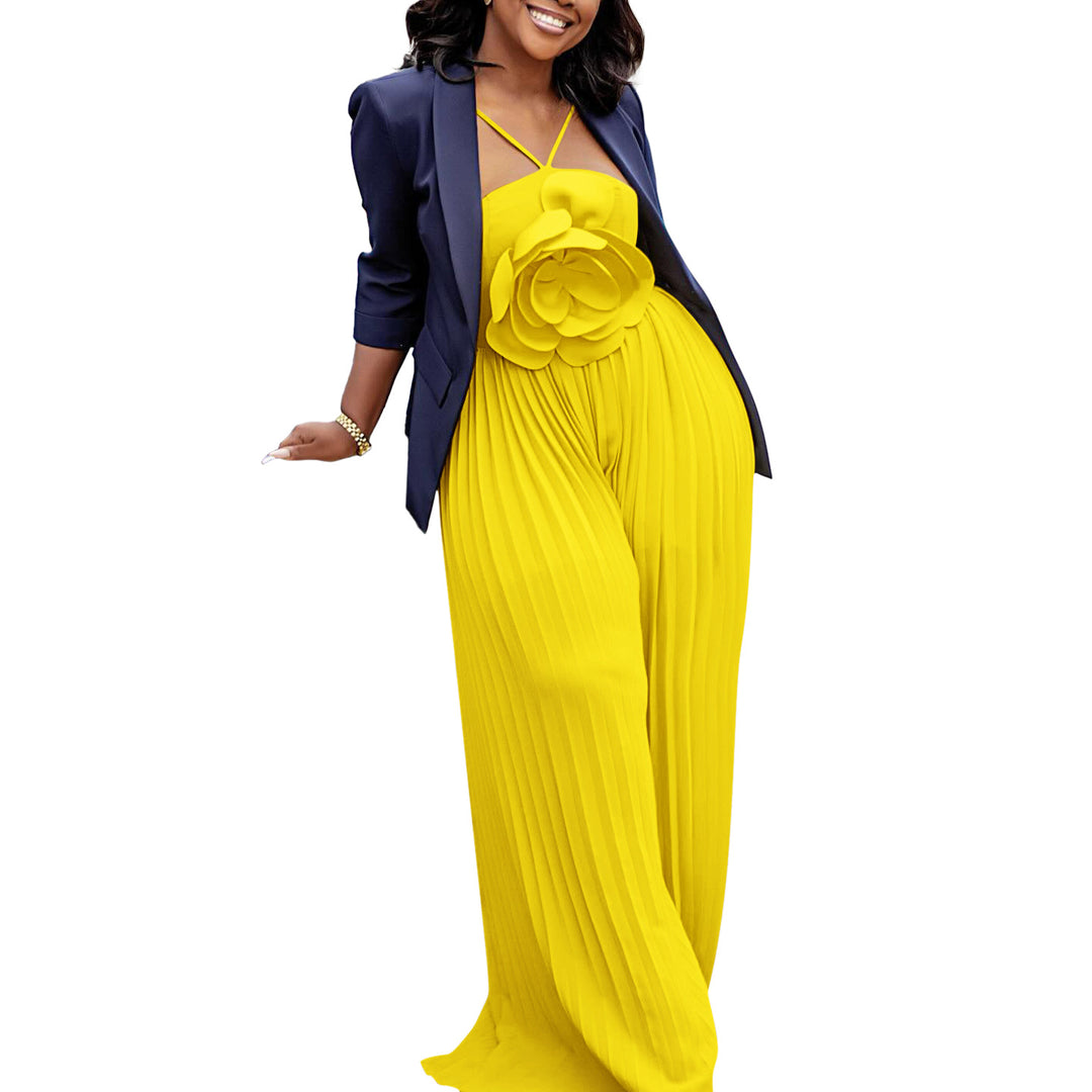 Damen Jumpsuit mit raffiniertem Plissee-Design und dekorativer Blumendetail Drune