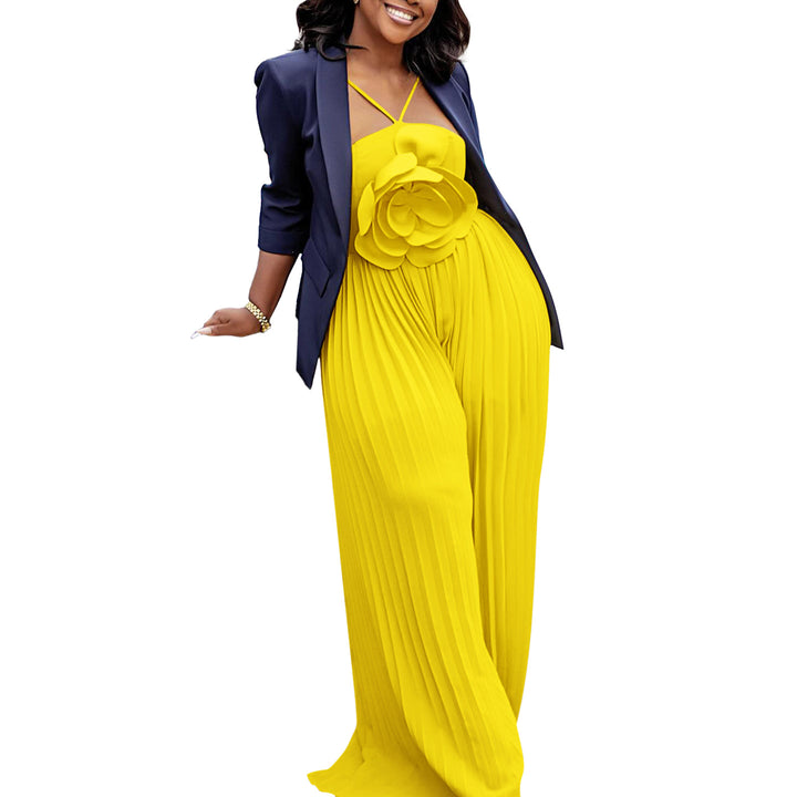 Damen Jumpsuit mit raffiniertem Plissee-Design und dekorativer Blumendetail Drune