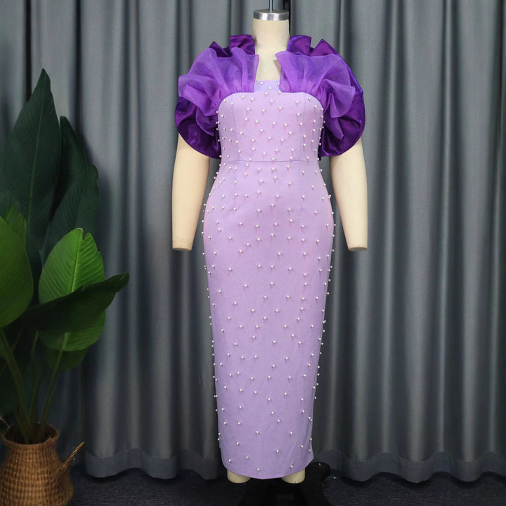 Damen Figurbetontes Abendkleid mit dramatischen Puffärmeln und Perlenakzenten Drune
