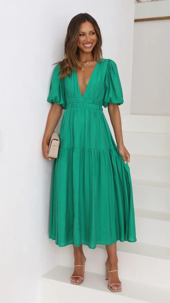Drune | Lässige Trends Sommer V-Ausschnitt Figurbetont Taillenkleid Midilänge