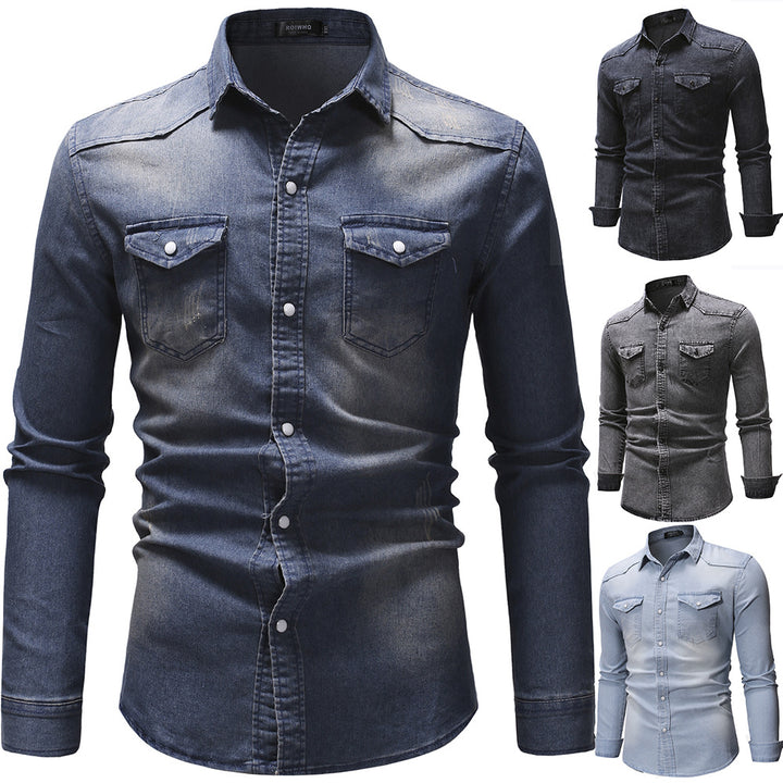 Herren nan oversized Denim-Hemdenjacke mit geschwungenem Saum und aufgesetzten Pattentaschen Drune