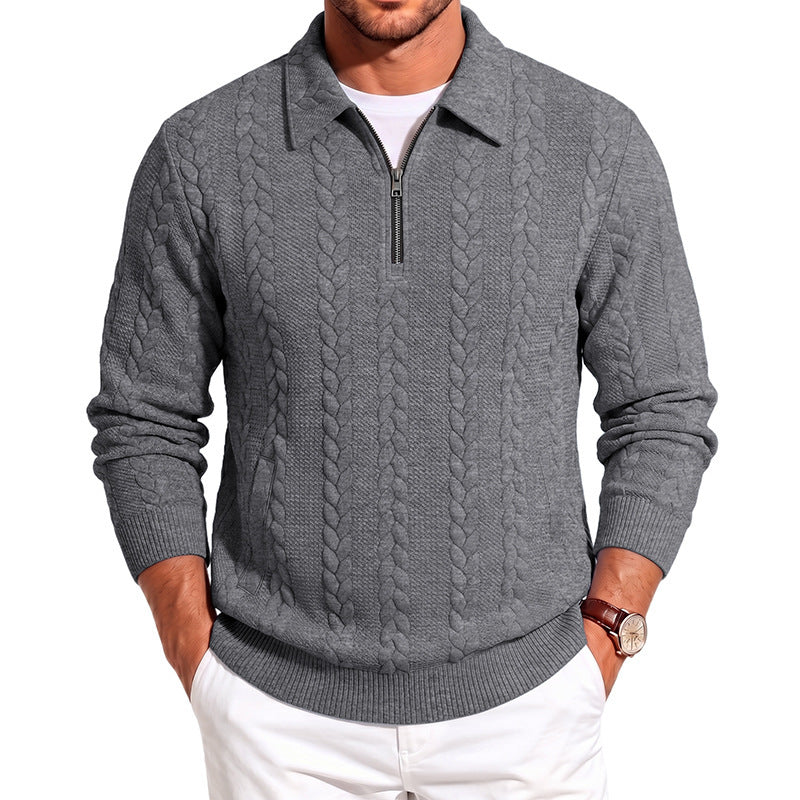 Herren Polokragen-Strickpullover mit Zopfstruktur und Halbzip Drune