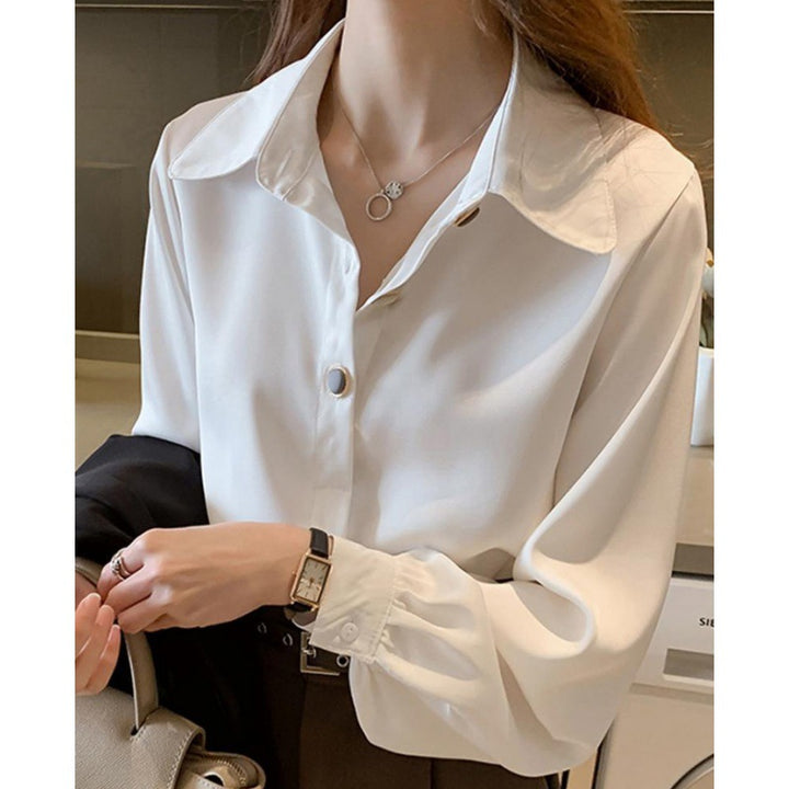 Damen Elegante Seidenoptik Hemdbluse mit übergroßem Kragen und Ballonärmeln Drune