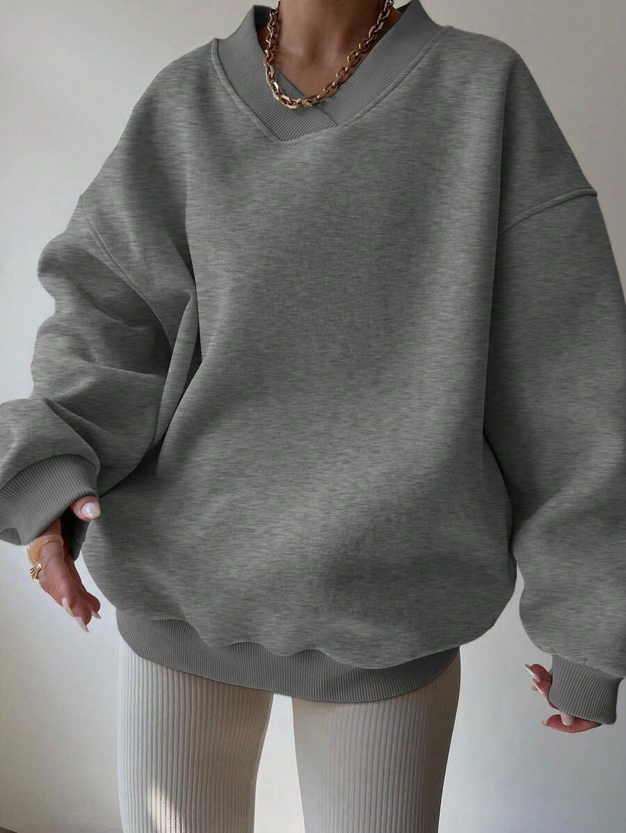 Damen Oversized V-Ausschnitt Sweatshirt mit verstärktem Rippkragen und extraweitem Cut Drune