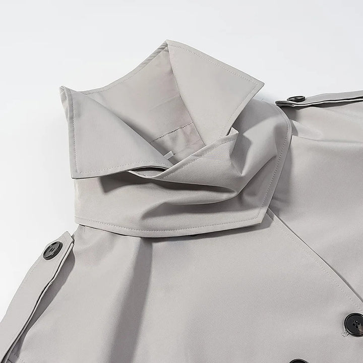 Damen nan kurz geschnittener Doppelreiher Trenchcoat mit Taillengürtel und hohem Stehkragen Drune