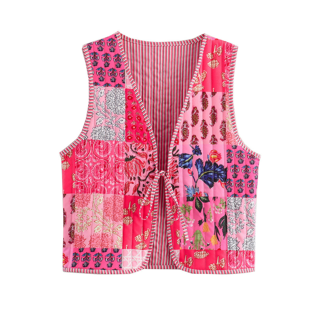 Damen Gesteppte Weste mit Toile‑Print, gestreifter Innenverarbeitung und Kordelbindung Drune