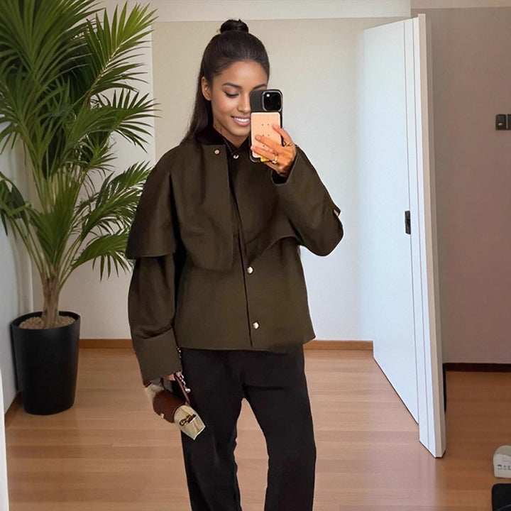 Damen Kurztrenchjacke mit Cape-Overlay und Oversize-Ärmeln Drune