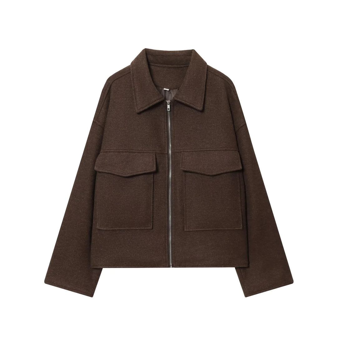 Damen nan lässige Wollmix Overshirt Jacke mit durchgehendem Reißverschluss, aufgesetzten Klapptaschen und geradem Boxy-Schnitt Drune