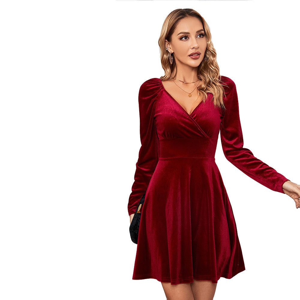 Damen figurbetontes Samt‑Skaterkleid mit Wickel‑V‑Ausschnitt, gerafften Schultern und taillierter Schößchen‑Silhouette Drune