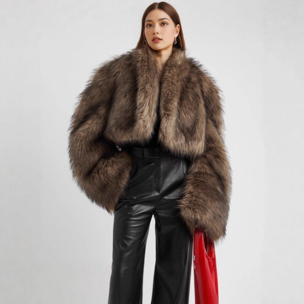 Damen Kurze voluminöse Crop-Faux-Fur-Jacke mit verlängerten Ärmeln Drune