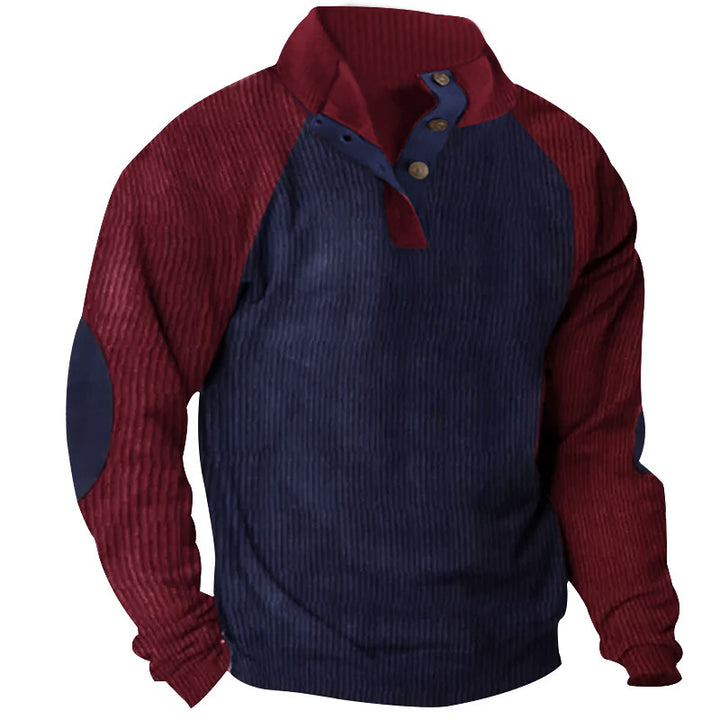 Herren Strukturiertes Raglan-Henley-Pullover mit Stehkragen, Ellenbogenpatches & Knopfleiste Drune