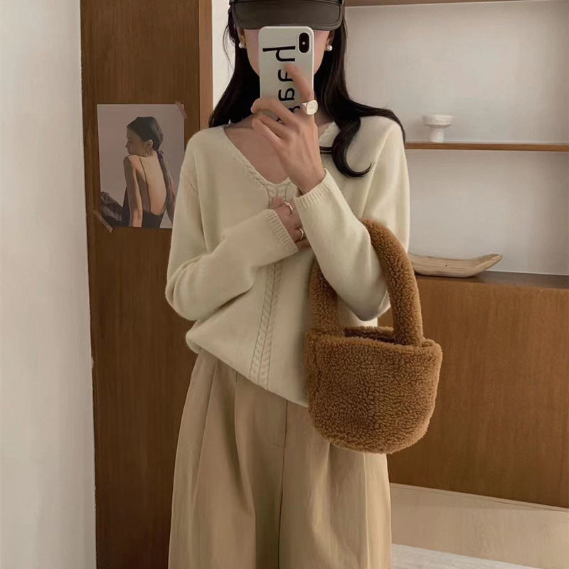Damen Oversized V-Ausschnitt Pullover mit feiner Strickstruktur Drune